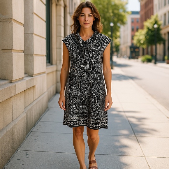 NWOT BCBGMaxAzria Black & White Geometric Cowl Neck Dress, Size XS - Picture 2 of 4